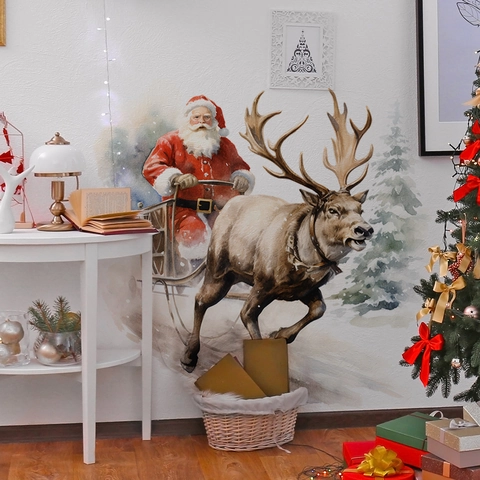 Weihnachten Weihnachtsmann Rentier Schlitten Wandaufkleber PVC Aquarell DIY Festliche Feiertag Haus Dekoration Wohnzimmer