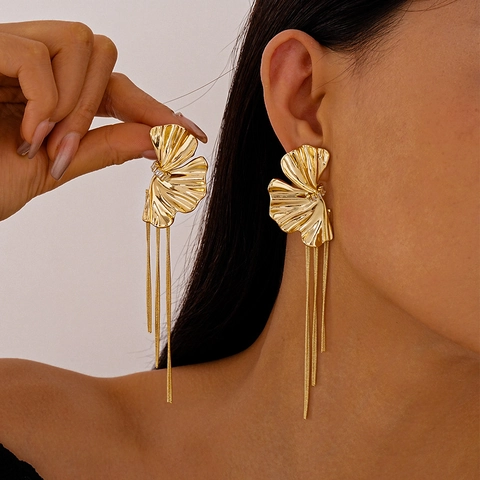 Flower Fan Pleated Long Tassel Earrings With Alloy Zircon And 925 Sterling Silver Earring Post For Women Elegant