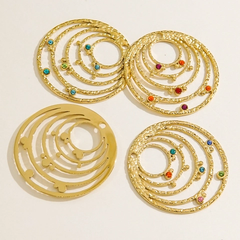 Bohemian Stainless Steel Round Circle Charms Textured Multi Layer Pendants With Rhinestones For DIY Earring Making Gold