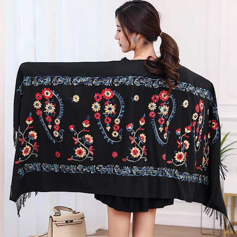 Sciarpa Ricamata Floreale Etnica Da Donna Scialle In Imitazione Cashmere Caldo Ispessito Con Nappe Elegante Pashmina Invernale