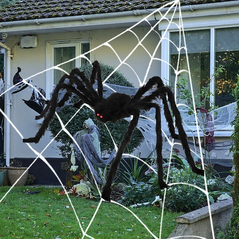 Decorazione Gigante a Ragnatela di Halloween Con Luce LED Viola e Grande Ragno di Peluche Nero per Esterni Giardino Festa