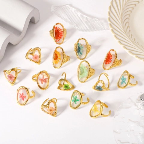 Anillos Abiertos De Acero Inoxidable Con Flores Secas Para Mujer Ajustables Bañado En Oro Resina Bohemio