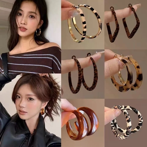 Style Vintage Hong Kong Boucles d'Oreilles Créoles Rondes Imprimé Léopard pour Femmes Légères Géométriques Pendantes Avec Tige en Argent Accessoire