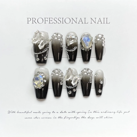 Handmade Press On Nails Gradient Black White Crystal Butterfly Rhinestone Luxury 3D Reusable Fake Nails For Women