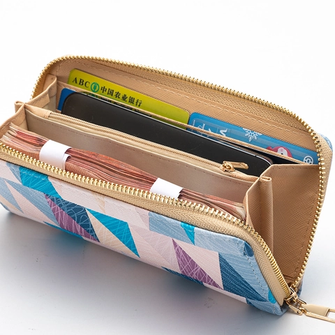 Portefeuille Longue À Fermeture Éclair Pour Femmes Cuir PU Motif Géométrique Triangle Grande Capacité Pochette