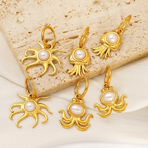 Orecchini A Cerchio Polpo Medusa Acciaio Inossidabile 304 Placcato Oro 18K Con Perla Artificial Stile Oceano Per Donne