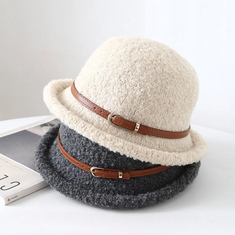 Cappello Alla Pescatora Donna Pile Lana Agnello Caldo Inverno Autunno Bordo Arrotolato Stile Giapponese Cintura Pelle PU Fibbia