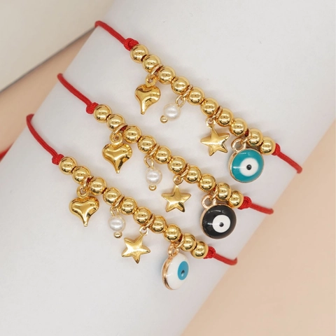 Bracciale Intrecciato In Filo Rosso Malocchio Con Ciondoli A Cuore Stella Placcati In Oro E Perla Artificial Gioielli Regolabili Donna