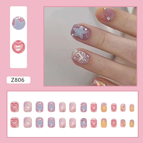 Faux Ongles Courts Carrés Dégradé Rose Violet Étoiles Cœurs Papillons Strass Paillettes Style Doux Pour Femmes