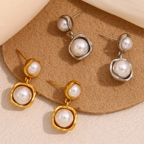 Onregelmatige Geometrische Dubbele Kunstparel Drop Oorbellen 316L Roestvrij Staal 18K Verguld Franse Retro Luxe Sieraden Dames
