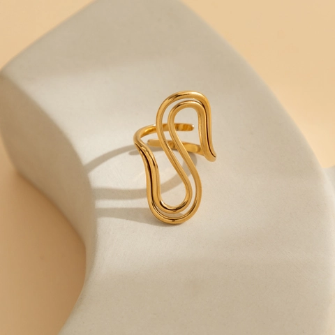 Verstellbarer Doppelschichtiger S-Form Offener Ring 18K Vergoldet Edelstahl Und Kupfer Minimalistischer Moderner Schmuck