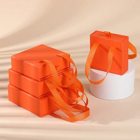 Orange Jewelry Gift Box Cardboard Drawer Style Pull Out Packaging For Necklace Ring Earring With Ribbon Handle