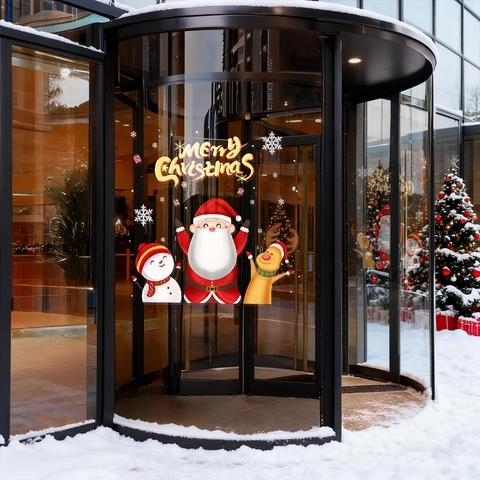 Christmas Window Clings Santa Snowman Reindeer Static PVC Stickers Double Sided Color Holiday Party Home Shop Glass Decor