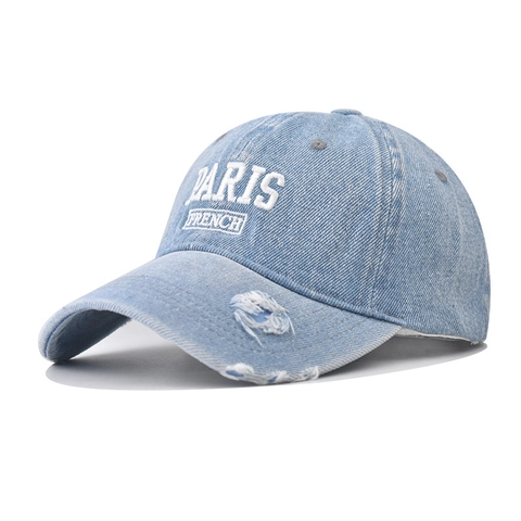 Cappello Da Baseball Denim Lavato Distressed Ripped Paris French Ricamo Retro Casual Cappello Da Sole Regolabile Unisex