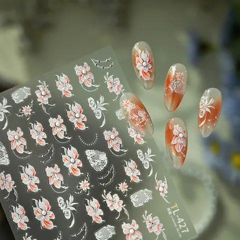 5D Embossed Nail Art Stickers Elegant Floral Lace Pattern With Artificial Pearl And Silver Foil Manicure DIY Decor