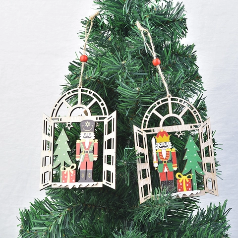 Christmas Wooden Nutcracker Soldier Hanging Ornaments Tree Window Decorations Painted Laser Cut Frame Holiday Home Decor