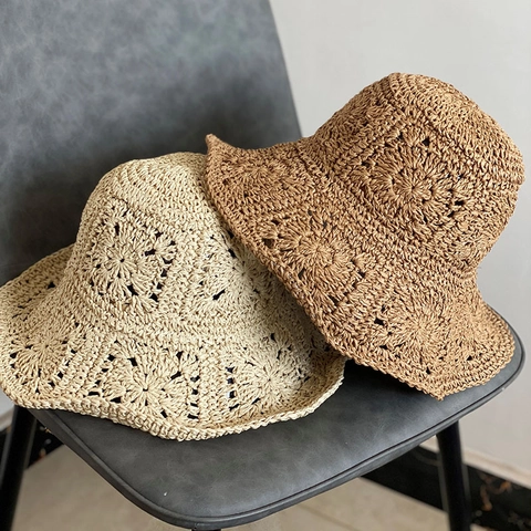 Cappello Da Pescatore Da Donna In Paglia Intrecciata A Mano Motivo Floreale Traforato Tesa Ondulata Protezione Solare Spiaggia