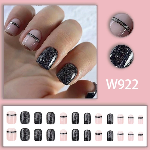 Short Square Press On Nails Glitter Sparkling Black Pink Artificial False Nails For Women Stylish Elegant Fashionable