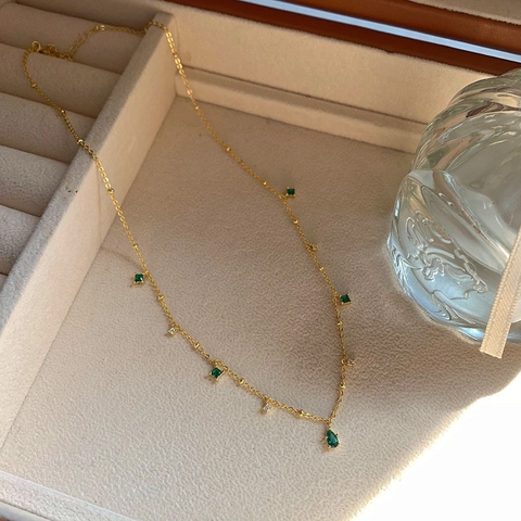 Collana in Rame Stile Palazzo Vintage per Donna Elegante Catena a Clavicola in Strass Verdi Geometrici a Goccia d'Acqua Regalo