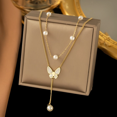 Butterfly Artificial Pearl Double Layer Necklace Titanium Steel Shell Pendant Tassel Y-Shape Gold Tone For Women Elegant