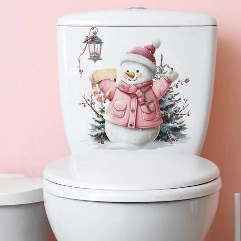 Adesivo Per WC Di Natale Simpatico Pupazzo Di Neve Rosa PVC Impermeabile Decorazione Bagno Casa Festivo Rimovibile