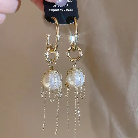 Orecchini Lunghi A Nappa Con Imitazione Perla Artificial E Perno In Argento Gabbia A Rete Colore Oro Stile Francese Vintage Donna