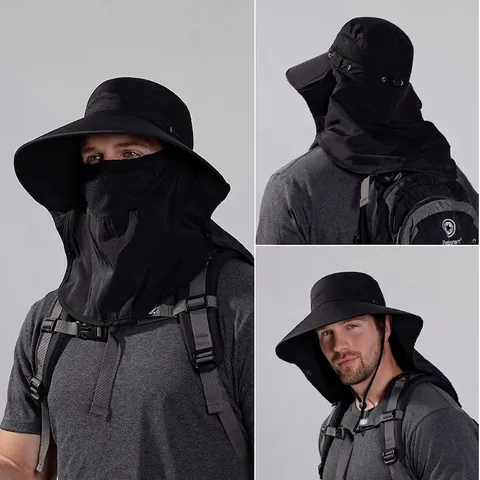 Men Outdoor Sun Protection Bucket Hat Polyester Full UV Protection Face Mask Neck Flap Breathable Hiking Fishing