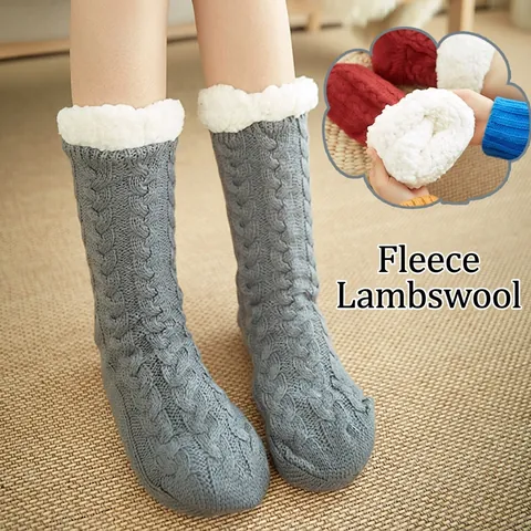 Winter Warme Fleece Gevoerde Huissokken Kabelgebreide Thermische Pantoffelsokken Met Antislip Voor Vrouwen Binnenshuis Vloersokken