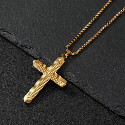 Collar Con Colgante De Cruz Vintage Acero Inoxidable Textura Rayada Joyería Retro Para Hombres Mujeres Oro Negro Plata