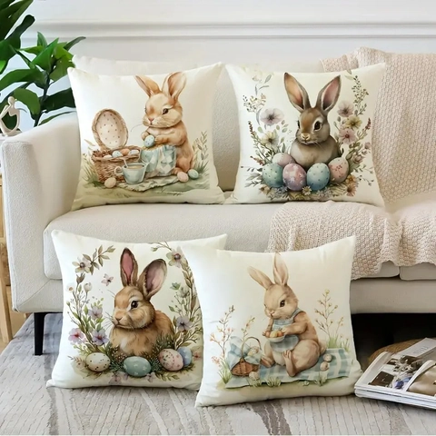Easter Cushion Cover Linen Square Watercolor Rabbit Colorful Eggs Hidden Zipper Decorative Pillowcase Living Room Sofa