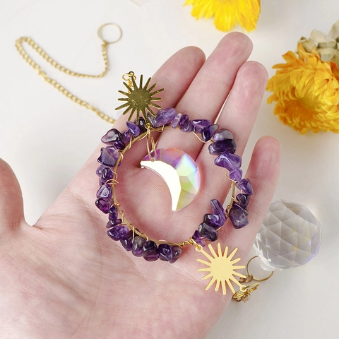 Crystal Ball Suncatcher Natural Crushed Stone Prism Gold Metal Sun Moon Star Handmade Boho Hanging Ornament Home Window Decor