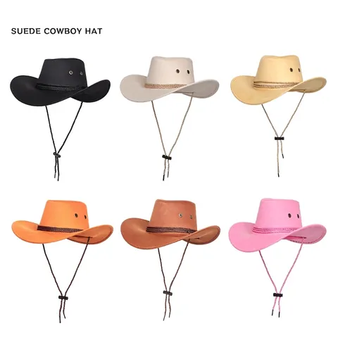 Retro Suede Western Cowboy Hat Wide Brim Outdoor Sun Protection Breathable With Adjustable Chin Strap Woven Band For Men Women