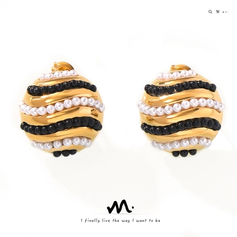 Orecchini A Lobo A Sfera Vintage Acciaio Al Titanio Con Imitazione Perla Artificial E Perline Nere Spirale Geometrica Per Donna