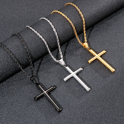 Heren Kruis Hanger Ketting Gepolijst Roestvrij Staal Eenvoudige Ronde Staaf Religieuze Sieraden Met Touwketting