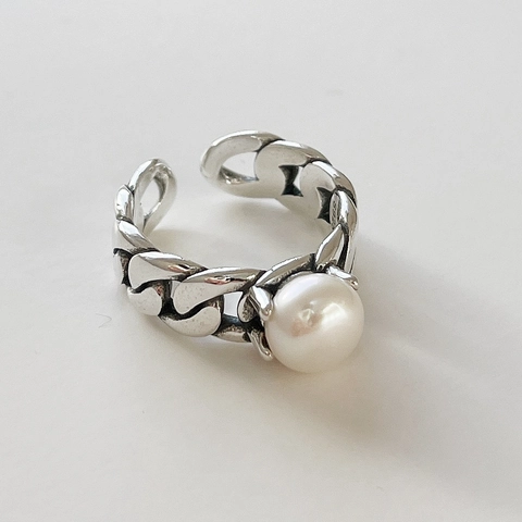 Anillo Aperto Con Perla Artificial In Argento Sterling 925 Retrò Per Donna Catena Cuban Link Regolabile Gioielli Stile Industriale Semplice