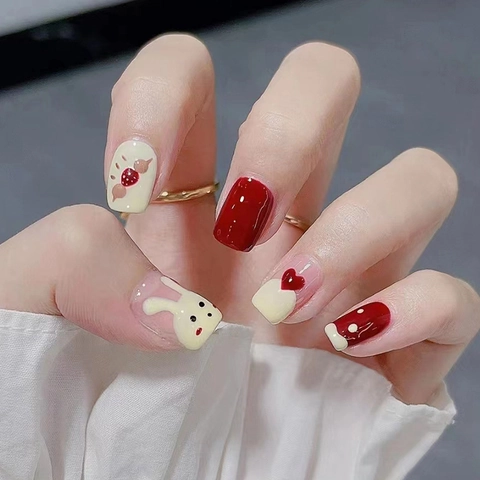Press On Nails Short Round Square Shape Cute Cartoon Rabbit Red Heart Creamy White Artificial Wearable False Nails
