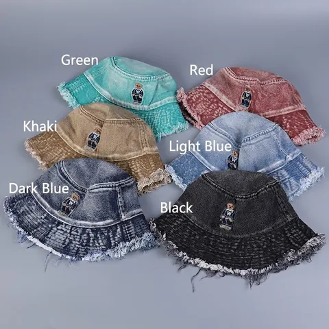 Washed Denim Anglerhut Mit Bärenstickerei Fransen Retro Distressed Sonnenhut Für Damen Herren Verstellbar