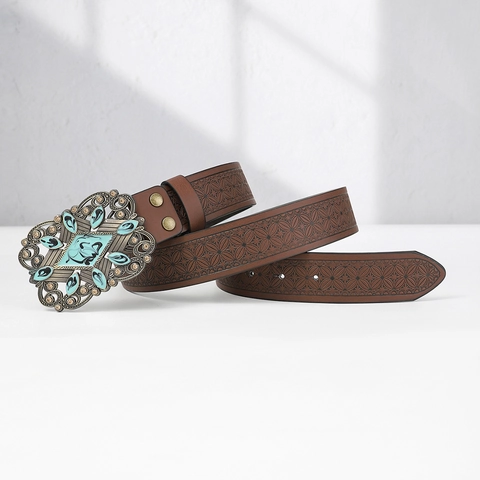 Ceinture Homme Vintage Western en Cuir PU Gaufré Cowboy Ethnique Avec Boucle à Plaque en Alliage Turquoise Strass Rétro