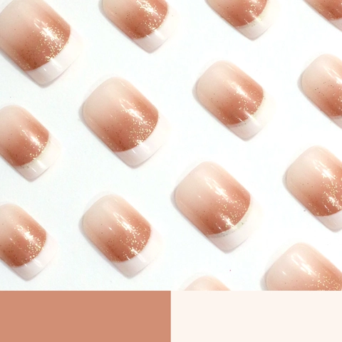 Short Square Press On Nails French Tip Gold Glitter Gradient Nude Pink Artificial False Nails Manicure Accessory