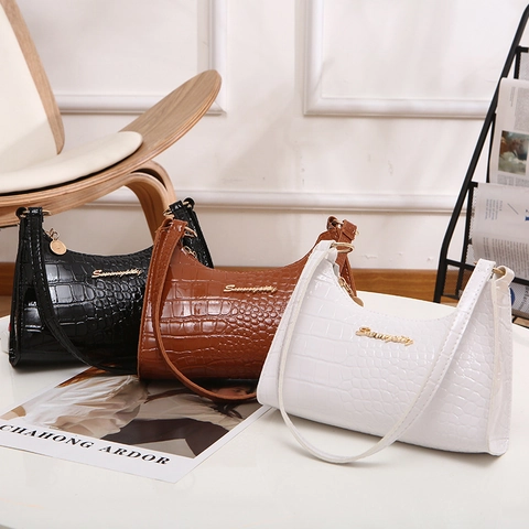 Krokodillenpatroon PU Leer Oksel Schoudertas Voor Dames Kleine Minimalistische Rits Baguette Handtas