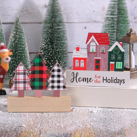 Décoration De Table De Noël En Bois Arbre À Carreaux Et Maison Décoration De Bureau Pour Les Fêtes