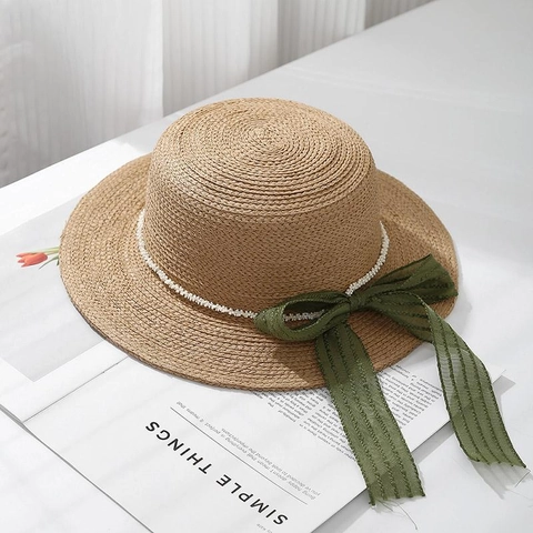 Cappello Boater Francese Da Donna Cappello Di Paglia Con Künstliche Perle E Nastro In Chiffon Estate