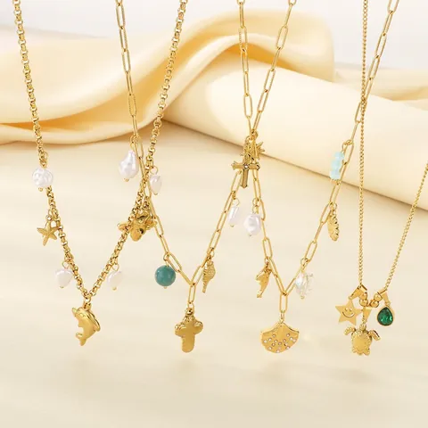 Collana Con Pendente Stella Marina Delfino Conchiglia Tema Oceano Acciaio Inossidabile Placcato Oro Con Perla Artificial Per Donna