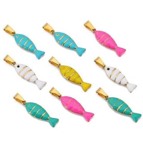 Ciondoli Pesce Acciaio Inossidabile 304 Placcato Oro 18K Smalto Pendenti Animali Carini Per Creazione Gioielli DIY