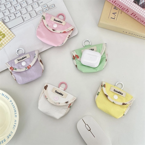 Japanese Style Grid Fabric Wireless Earphone Case Contrast Color Floral Bear Storage Bag With Hook Universal Headphone Protective Sleeve Gift Women