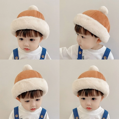 Winter Kids Faux Suede Beanie Hat Thickened Warm Faux Fur Trim Skull Cap With Pompom Polyester Children Landlord Hat