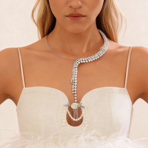 Silver Color Copper Rhinestone Choker Necklace With Multi Row Long Tassels Adjustable Elegant Party Jewelry For Women