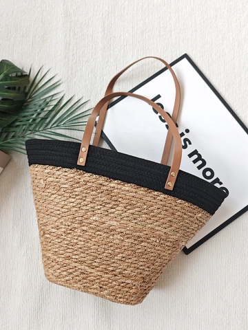 Handwoven Straw Cotton Rope Tote Bag Contrast Color Large Capacity Beach Vacation Handbag With PU Leather Handle Metal Rivet