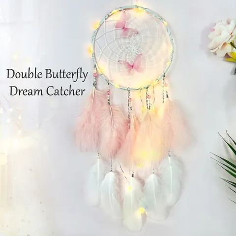Acchiappasogni Farfalla Fatto A Mano Piume Perline Con Luci Stringa LED Decorazione Da Parete Regalo Romantico