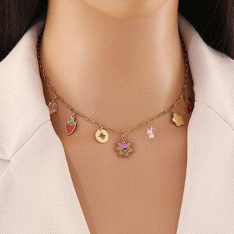 Stainless Steel Pendant Necklace Sweet Enamel Cherry Strawberry Fruit Motif Multi Element Clavicle Chain For Women